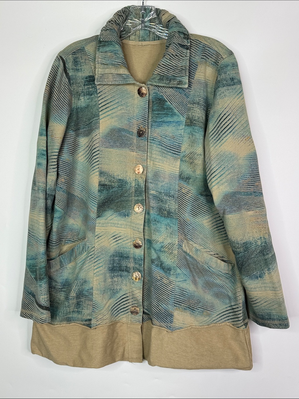 Color Me Cotton Blue Tan Abstract Print Button Jacket Size Large
